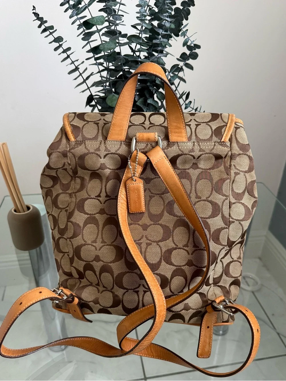 Coach Brown Signature Canvas Backpack with Tan Leather Trim